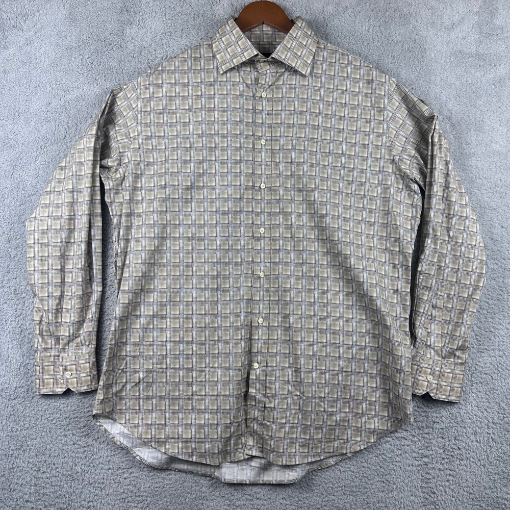 Etro Milano Dress Shirt Mens 44 XL Tan Blue Geometric Check Long Sleeve Designer